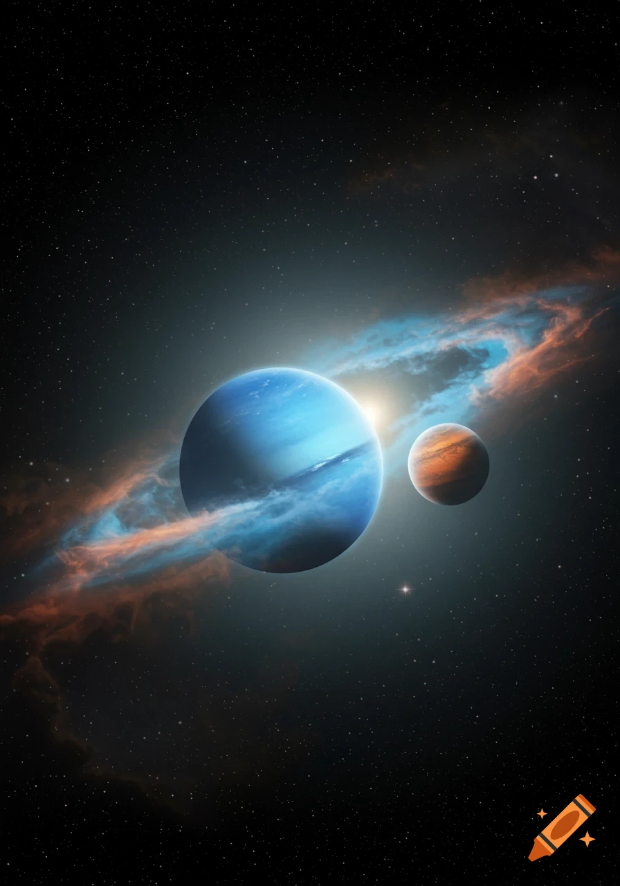 A large blue planet and a smaller orange planet illuminated by a sun, with a blue and orange nebula in a starry dark sky. Photorealistic.