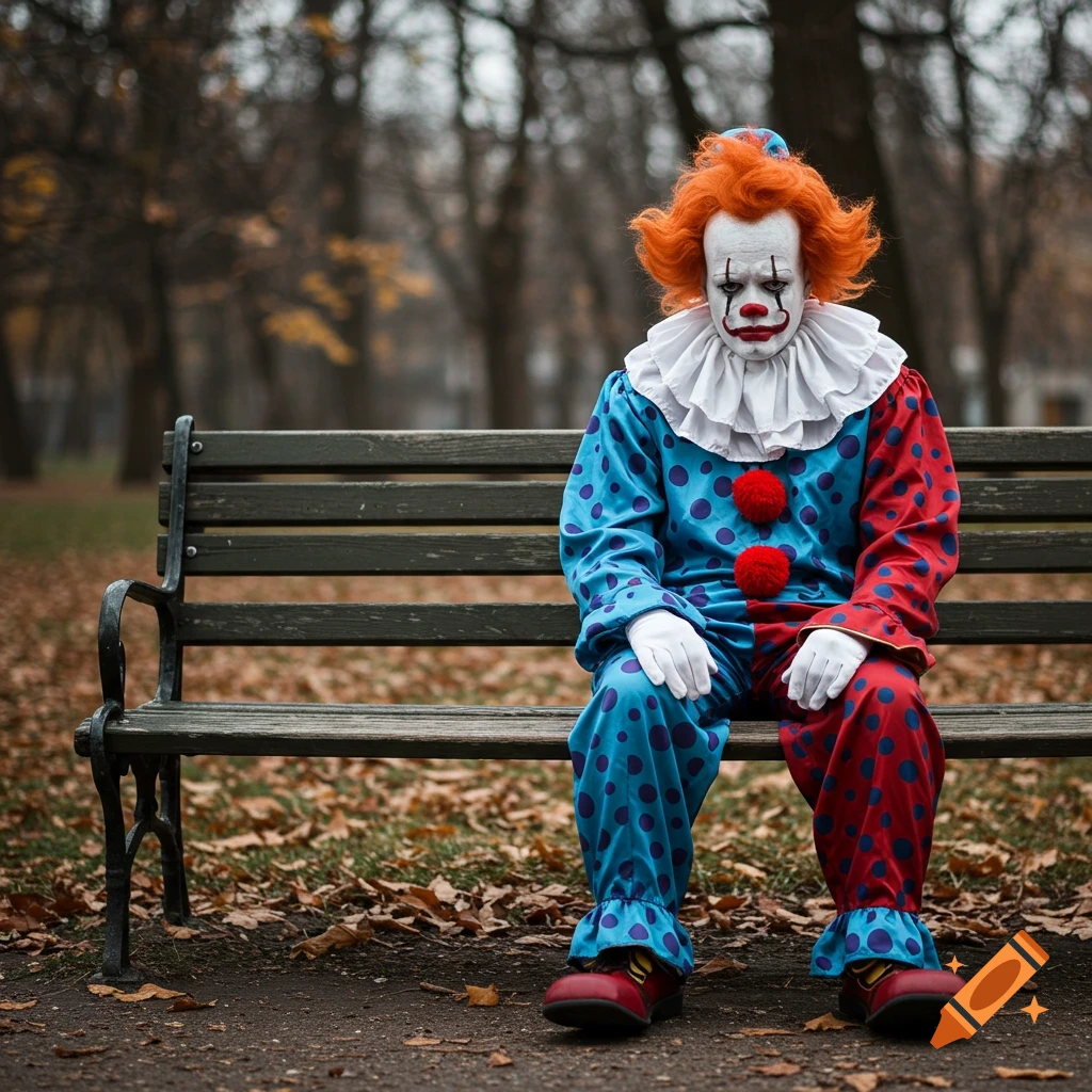 A sad Pennywise clown with orange hair and a ruffled collar sits on a park bench in an autumn setting.