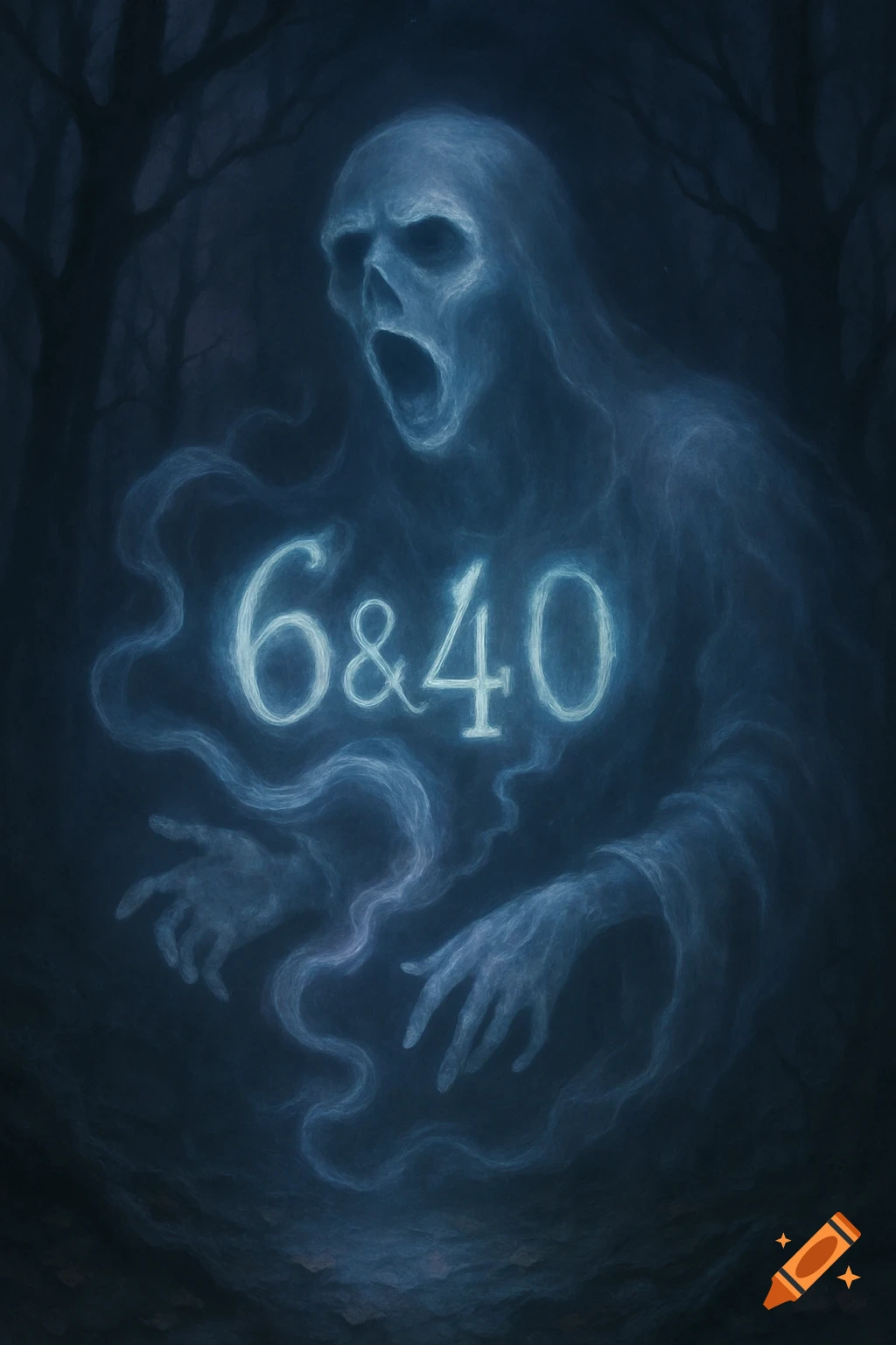 A ghostly, translucent blue figure with an open mouth and outstretched hands, holding glowing numbers '6&40' in a dark, spooky forest.