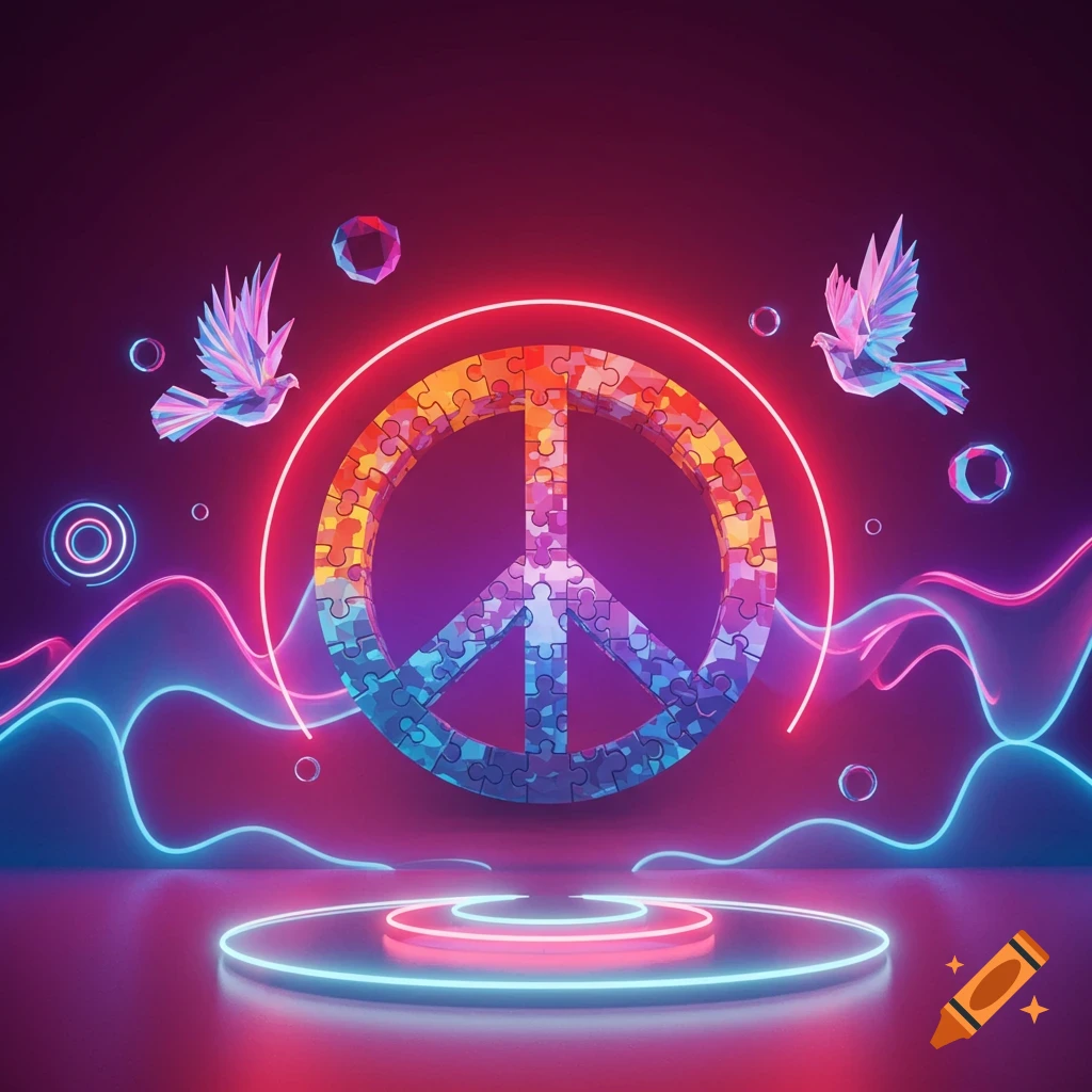 Vibrant, futuristic digital art of a peace symbol made of colorful puzzle pieces, with neon lights, glowing waves, and two stylized doves.