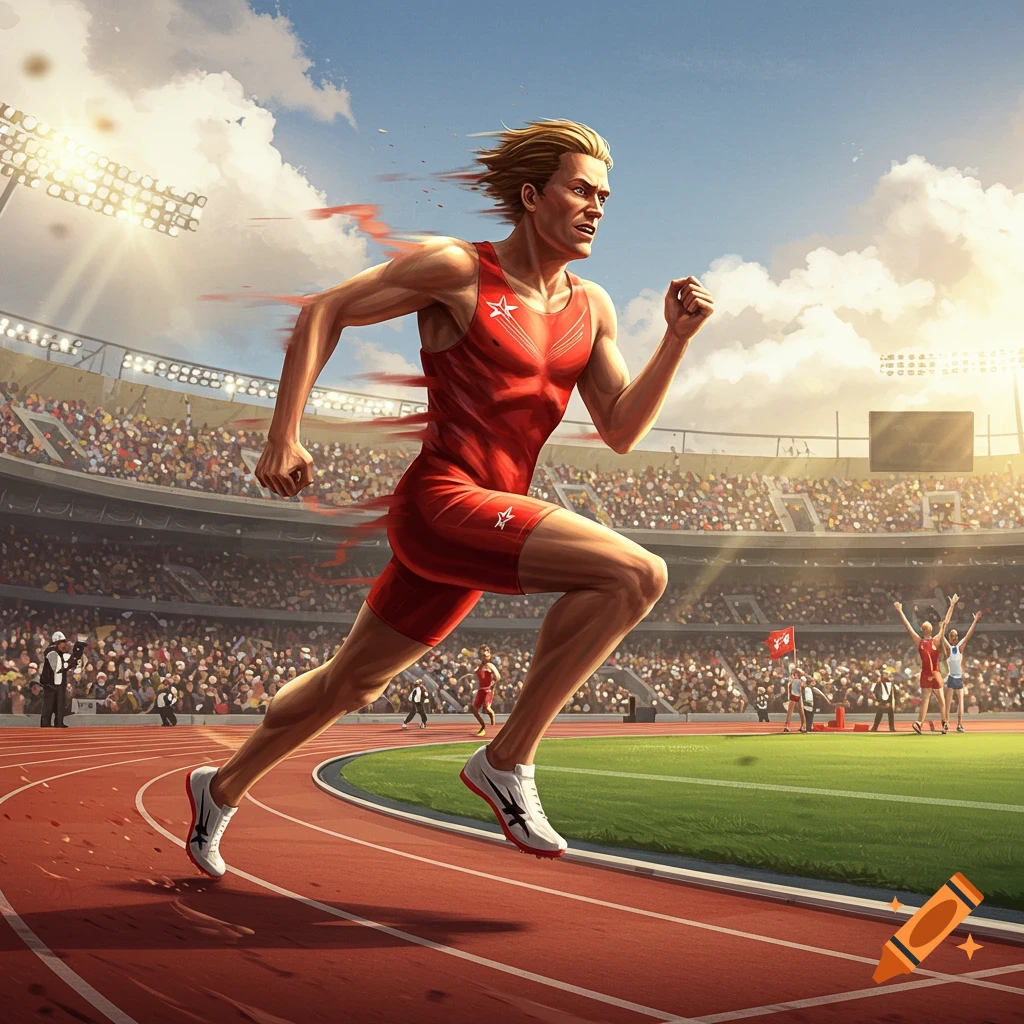 A muscular male runner in a red uniform with stars sprints on a stadium track, with motion blur and a crowd in the background.