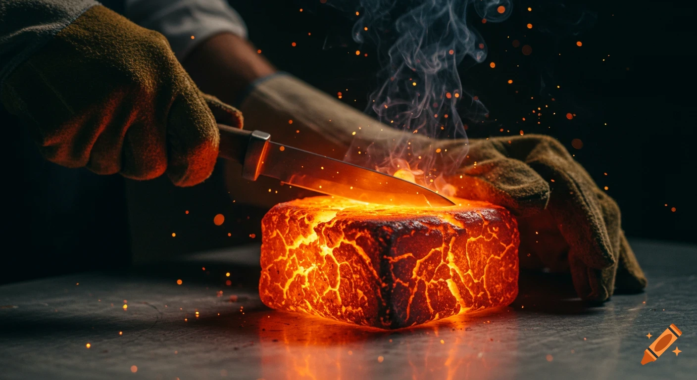 Gloved hands slice into a glowing orange lava block with a steel knife, producing smoke and sparks.
