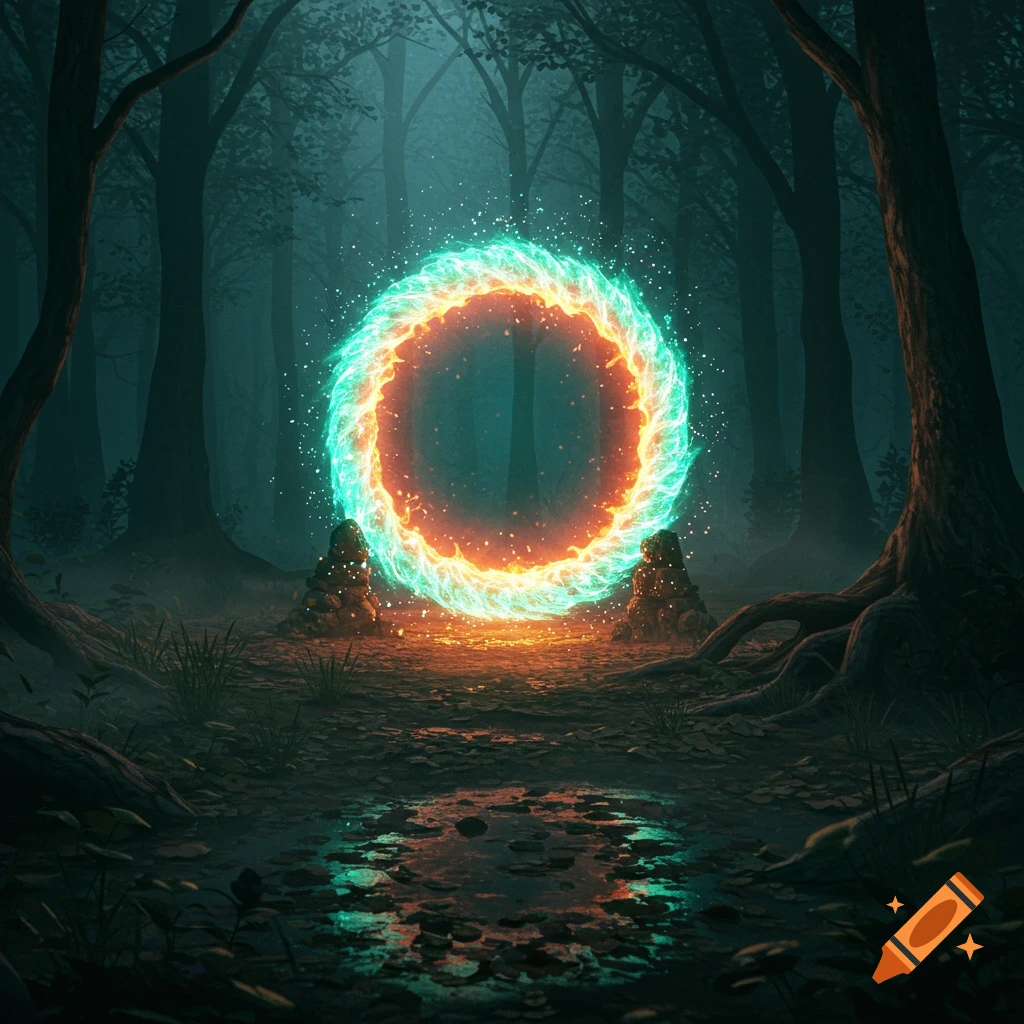 A vibrant, glowing circular portal of teal and orange light stands in a ...