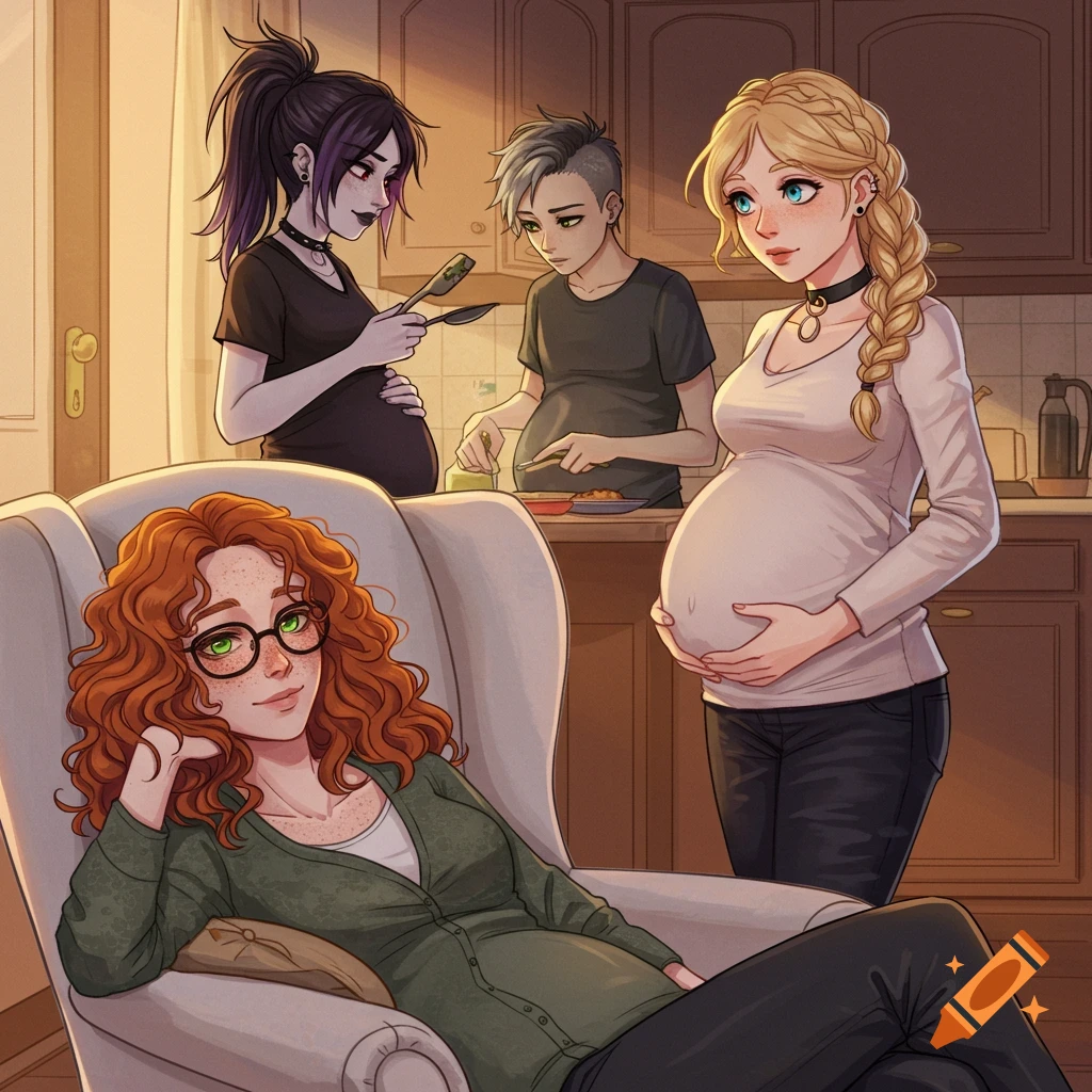 Shoujo style illustration of four pregnant women in a cozy home, two preparing food while others relax.