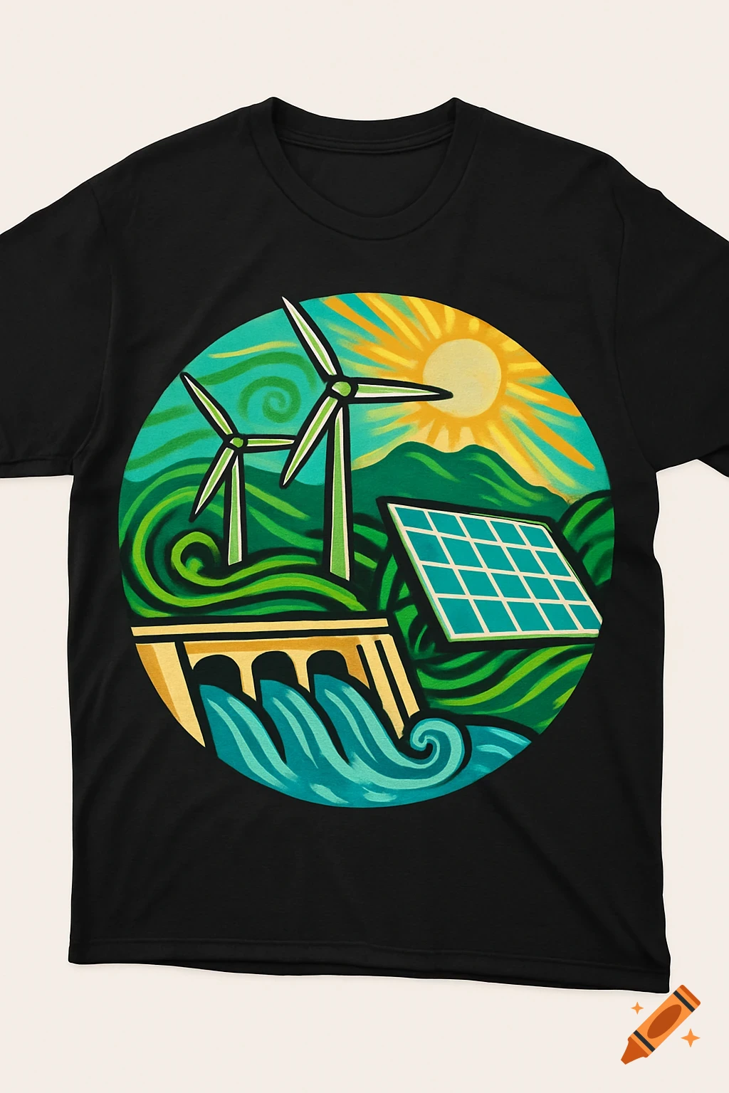 Black t-shirt with a circular graphic showing stylized wind turbines, solar panel, hydro dam, sun, and green landscape.