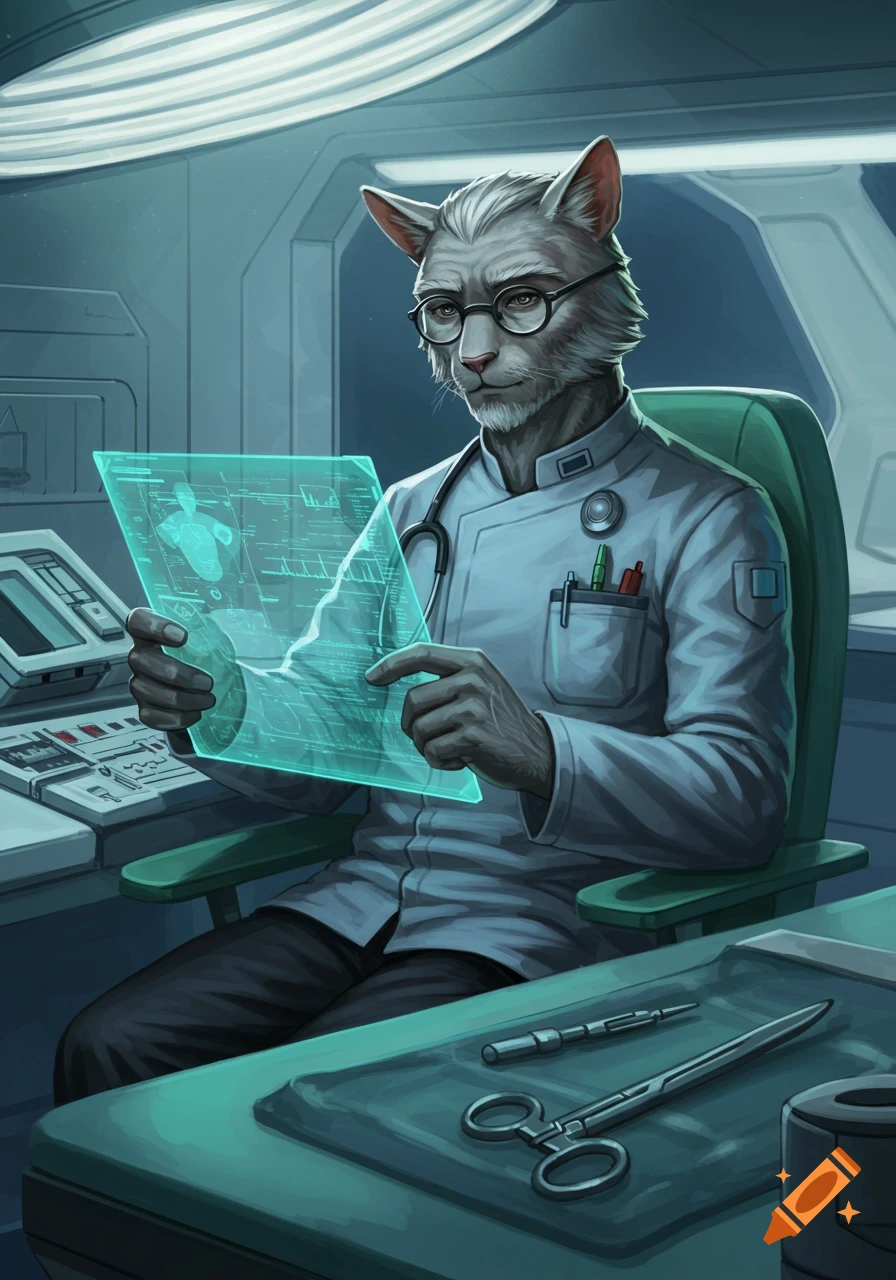 A white-furred anthropomorphic cat doctor in glasses and lab coat examines a glowing holographic screen in a futuristic medical bay. Digital art.