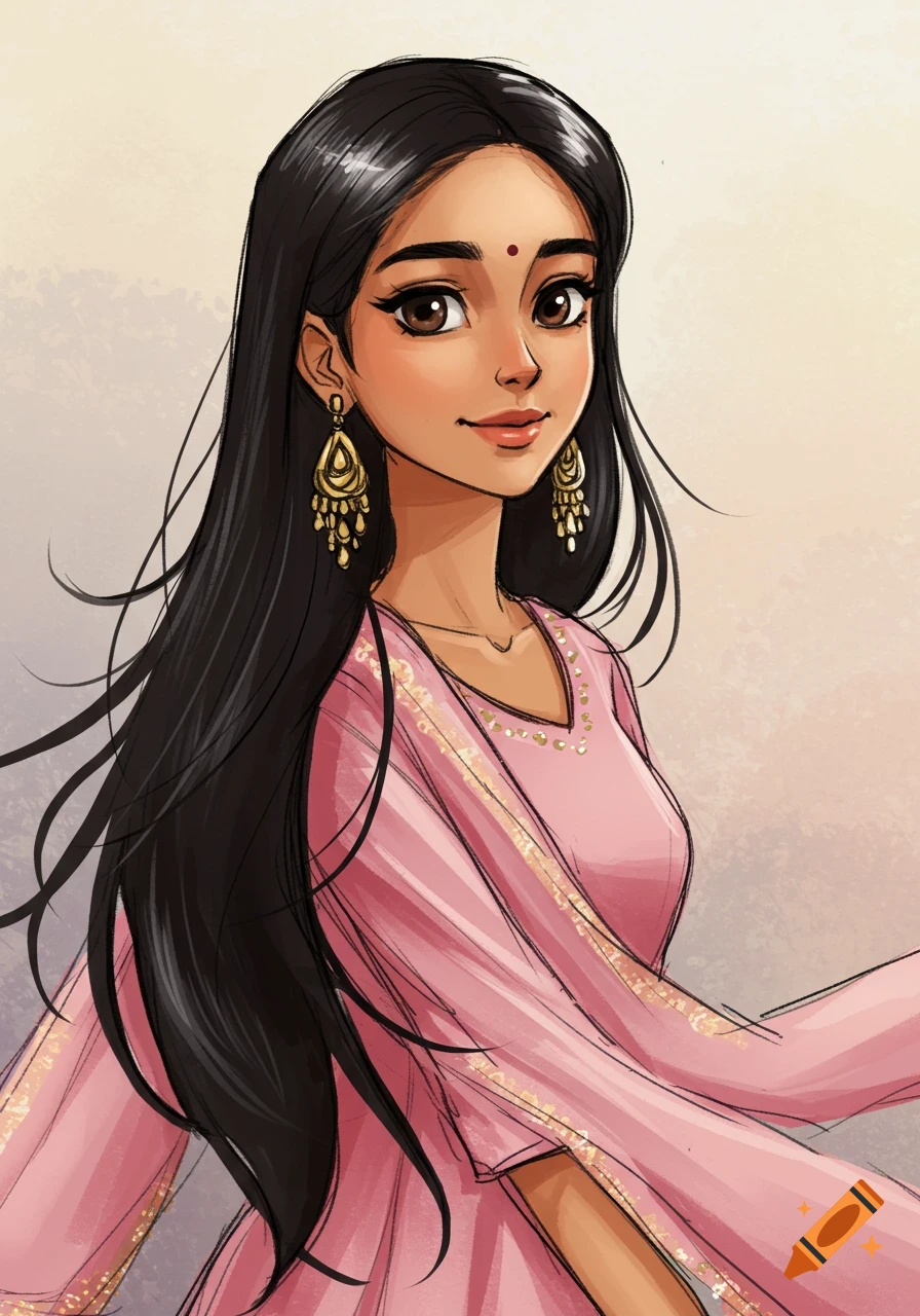 Sketchy anime style drawing of a light brown-skinned girl with long black hair and brown eyes, wearing a pink salwar kameez with golden details and long dangling golden earrings.
