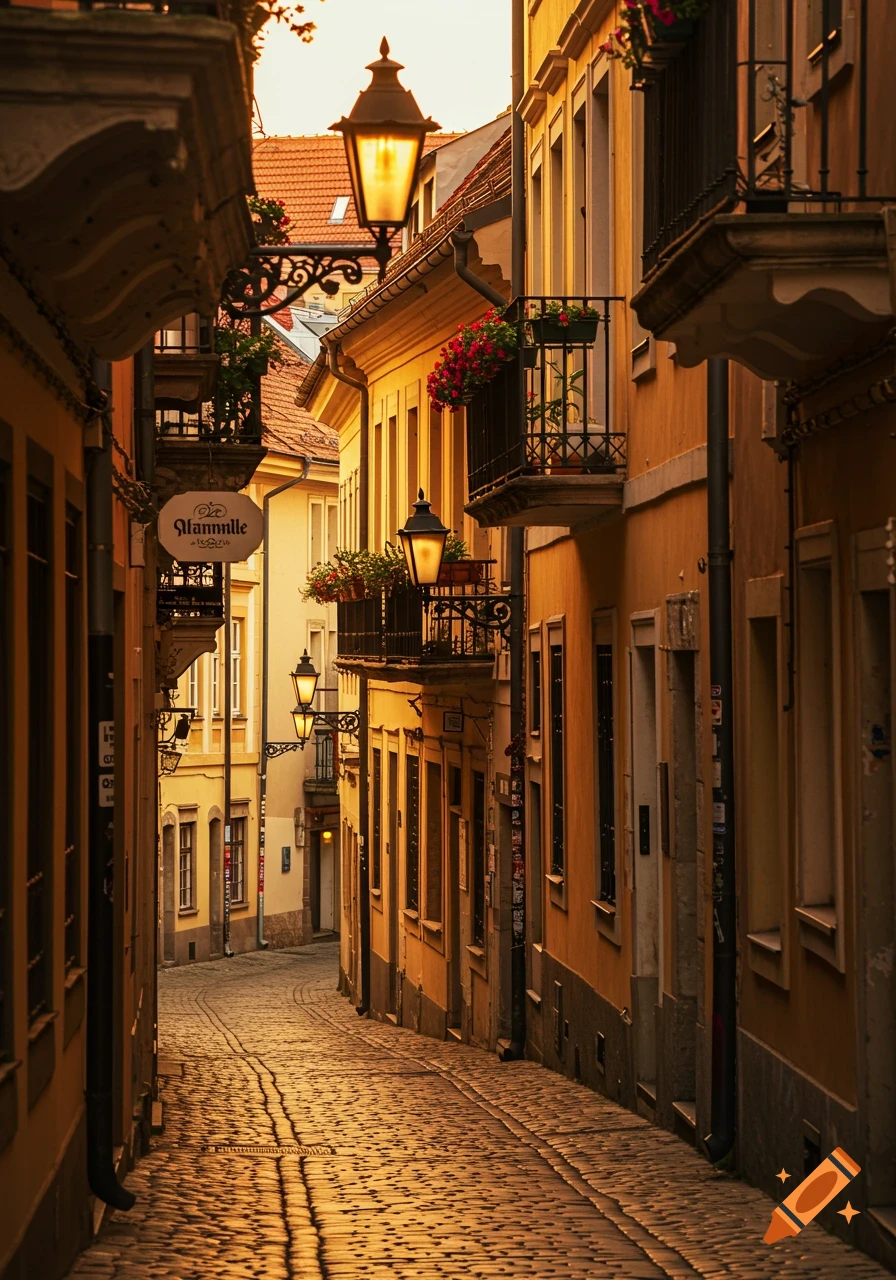 A narrow, golden-lit cobblestone street lined with old European buildings, ornate lanterns, and flowers on balconies.