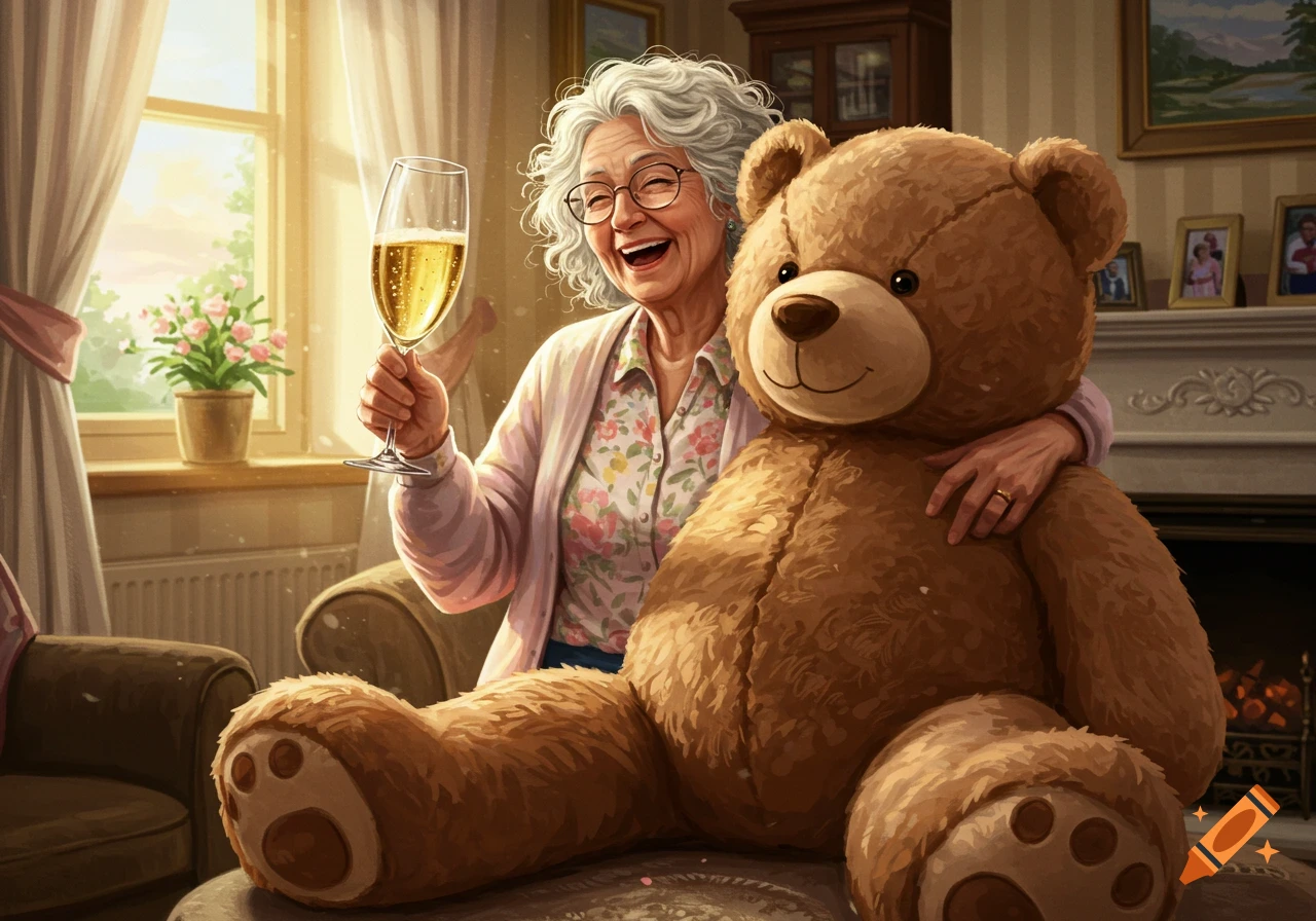 A happy elderly woman with white hair smiles, holding a champagne flute and hugging a large brown teddy bear in a cozy living room.