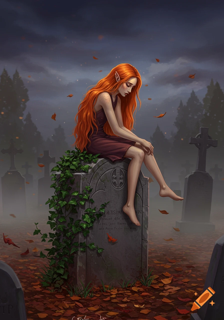 A melancholic elf with long orange hair sits barefoot on a vine-covered gravestone in an autumn graveyard at dusk.