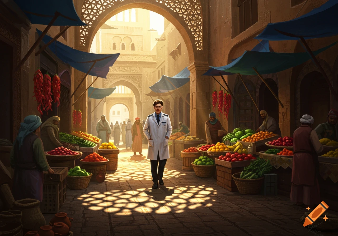 A health inspector in a white lab coat walks through a bustling, sunny market filled with colorful produce, people, and arched architecture.