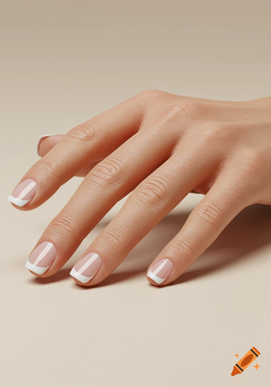 Close-up of a hand with a classic french manicure on a neutral beige background, showing detailed skin texture.