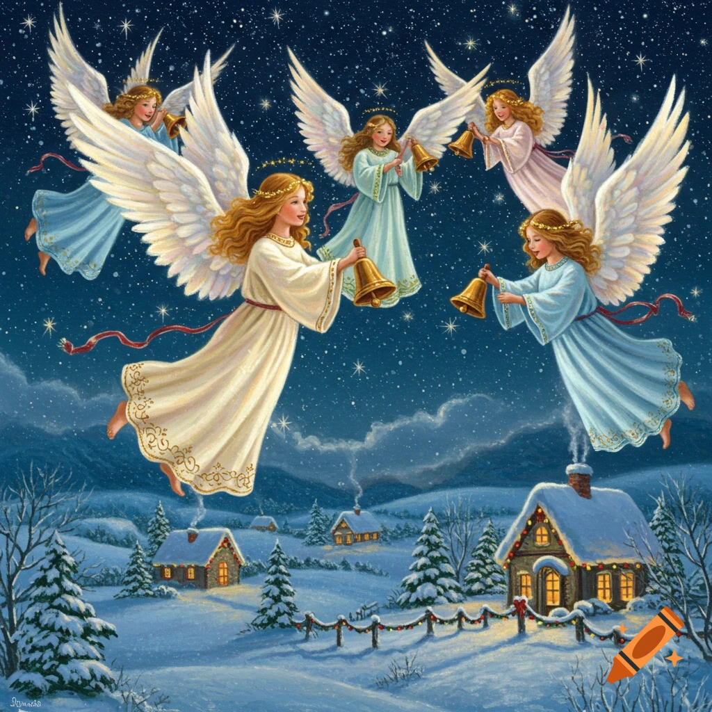 Five Christmas angels with golden harps and halos fly over a snowy village at night, holding handbells. Traditional illustration style.