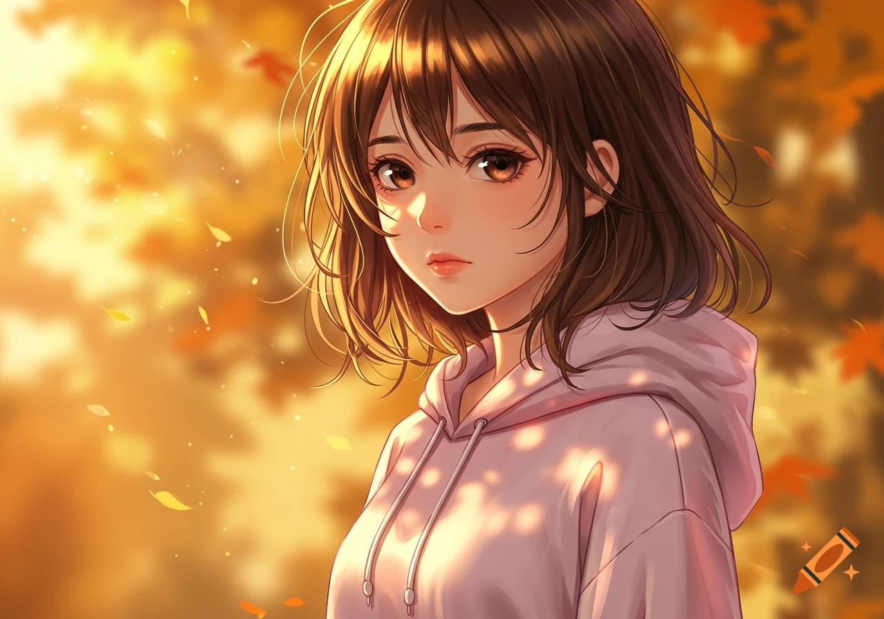 Anime girl with brown hair and eyes in a pink hoodie, backlit by golden ...