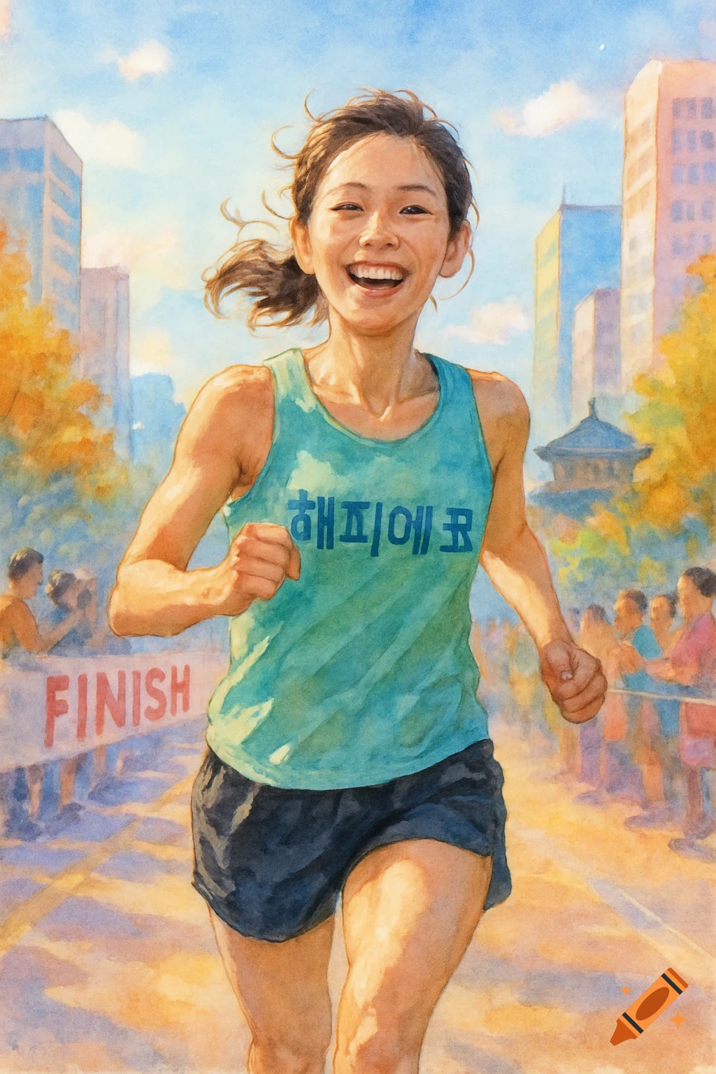 A smiling woman with " 해피에코 " on her teal tank top and black shorts runs past a "FINISH" banner in a city marathon, in a watercolor style.