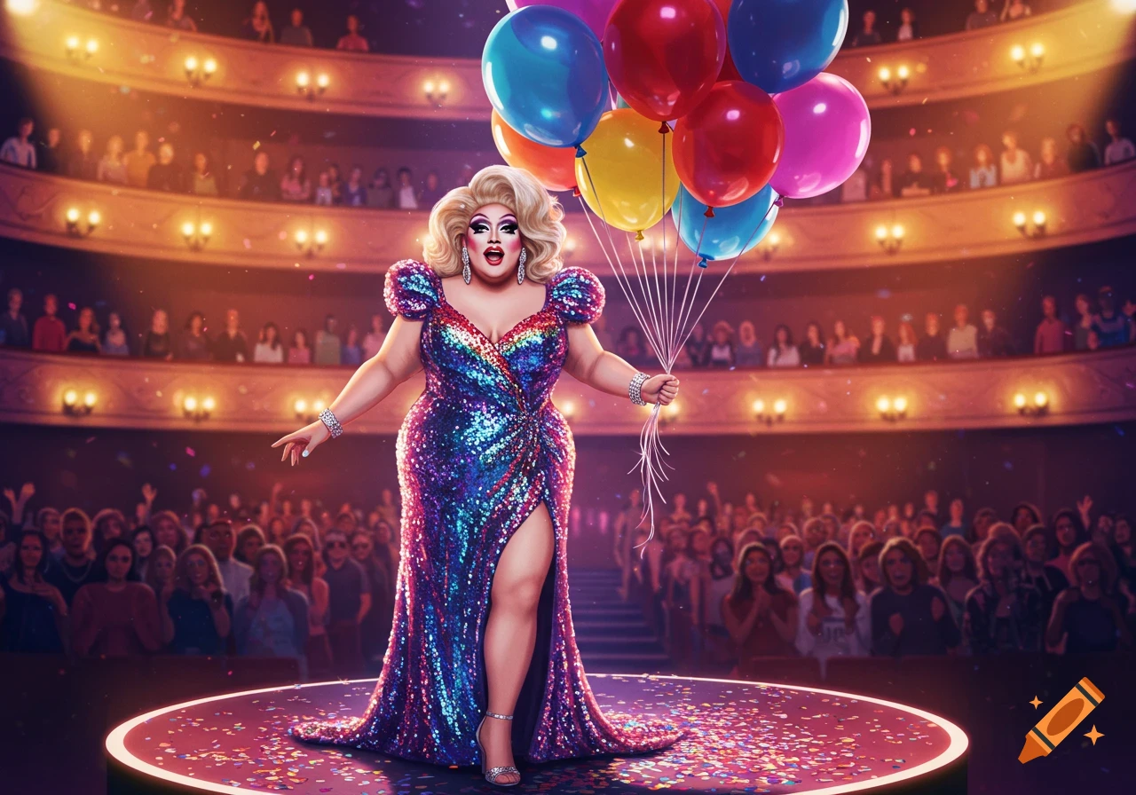 A drag queen in a glittery blue and purple gown on stage, holding colorful balloons, with an audience in a theater.
