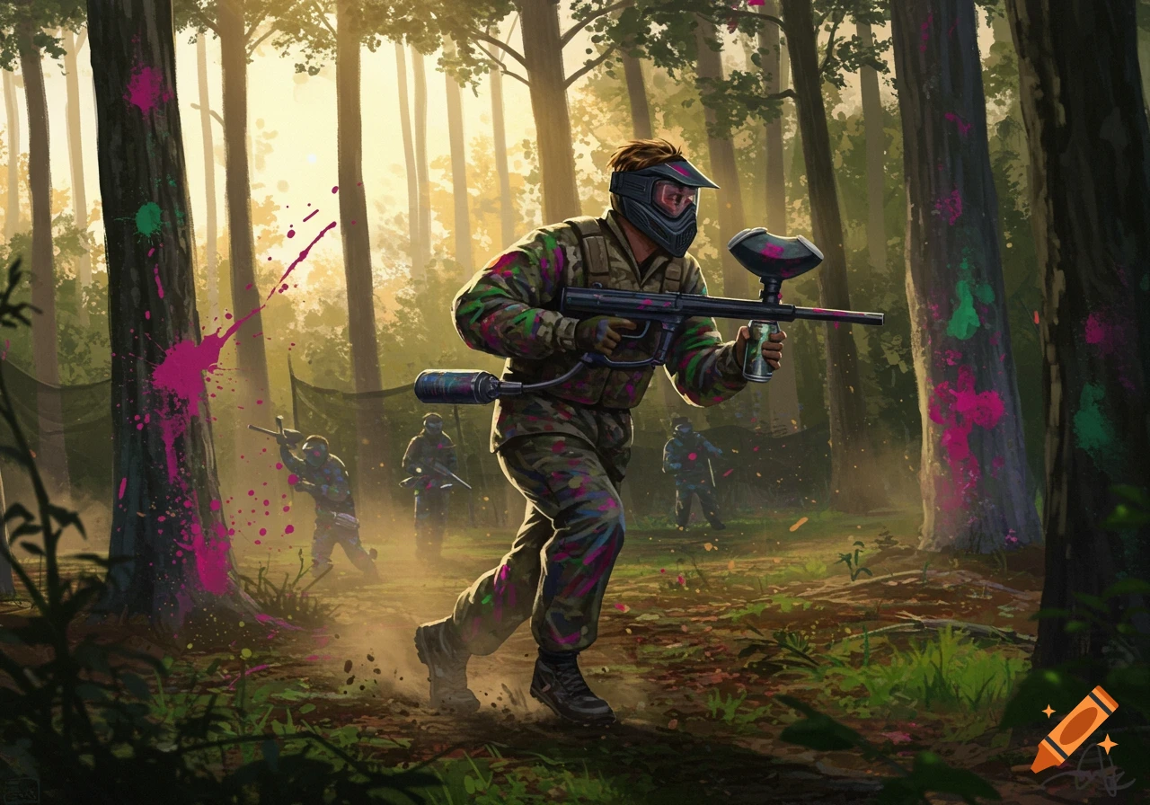 A man in camouflage runs with a paintball gun through a sunlit forest, surrounded by colorful paint splatters.