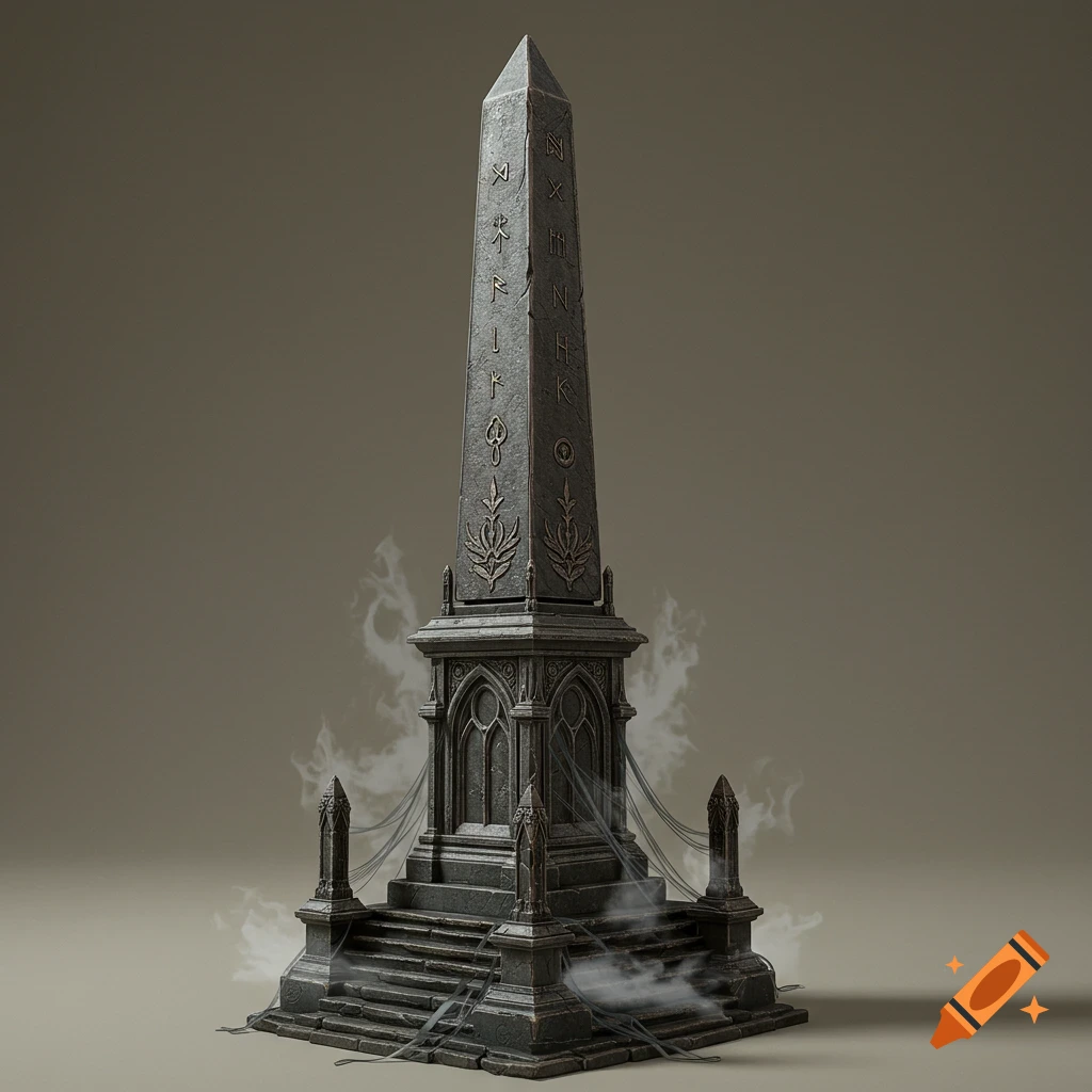 A dark gothic obelisk covered in runes, with smoke at its base, on a neutral background.