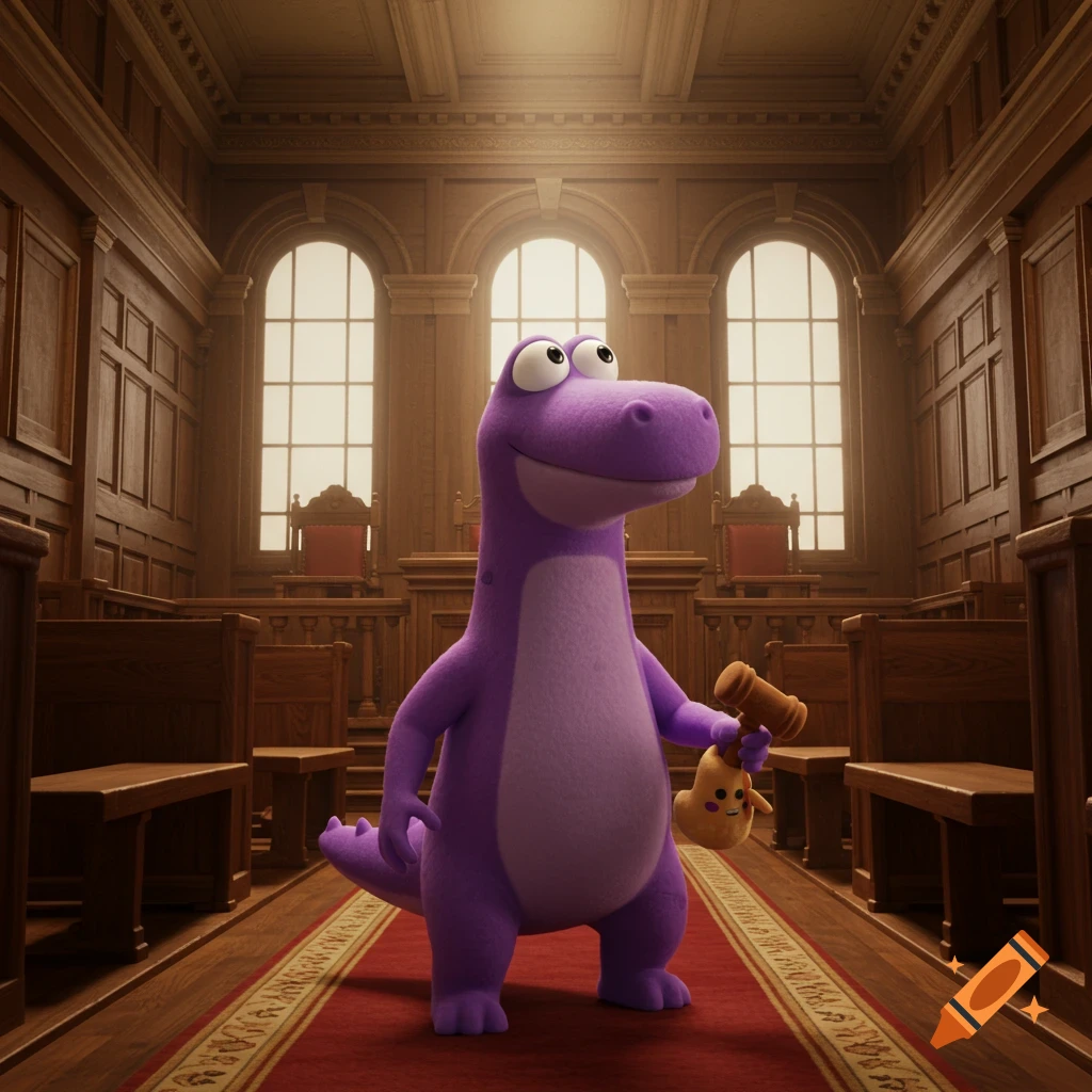 A purple cartoon dinosaur stands in a grand courtroom, holding a gavel and a small yellow character.