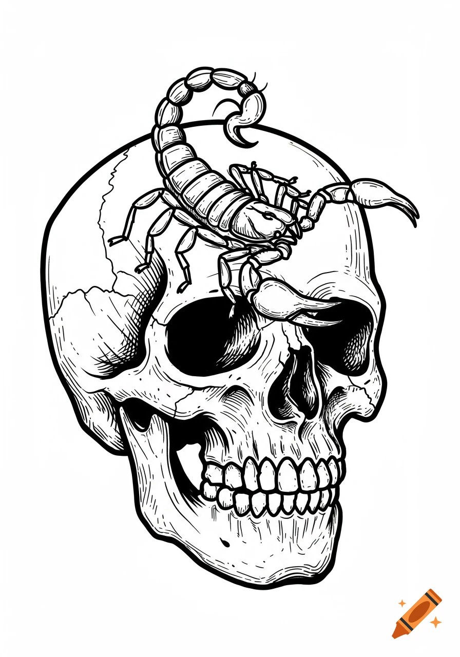 A black and white old-school tattoo style illustration of a human skull with a scorpion crawling out of its left eye socket.