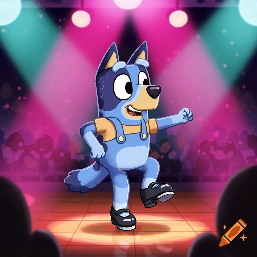 Bluey cartoon character tap dancing on a stage under pink and white spotlights, wearing yellow t-shirt and blue overalls.