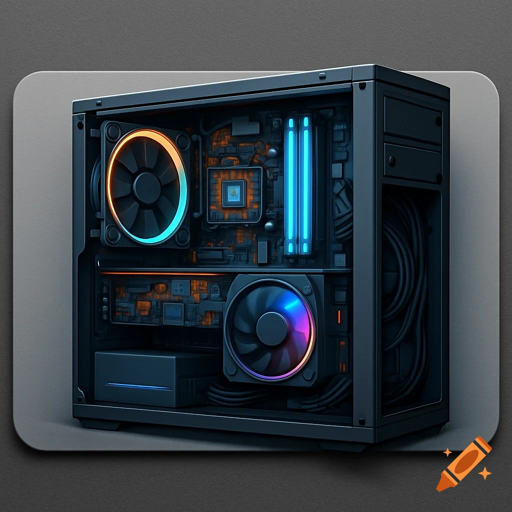 Interior view of a modern PC tower with vibrant blue and orange RGB lighting on fans and RAM modules, featuring intricate circuitry.