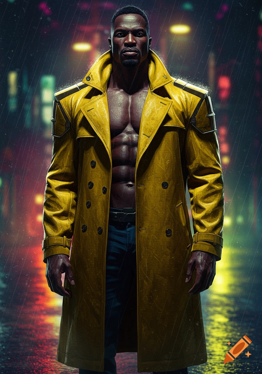 Muscular Black man in an open yellow trench coat and blue pants stands in the rain in a dark, neon-lit city street.