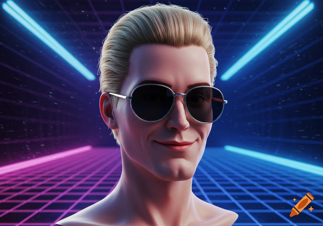 Stylized man with blonde hair and sunglasses smiles, set against a glowing blue and pink neon grid background.
