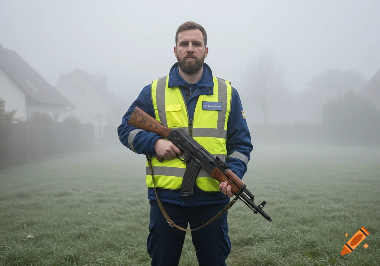 A bearded man in a blue jacket and yellow high-visibility vest holds an AK-47 rifle in a foggy field with houses in the background.