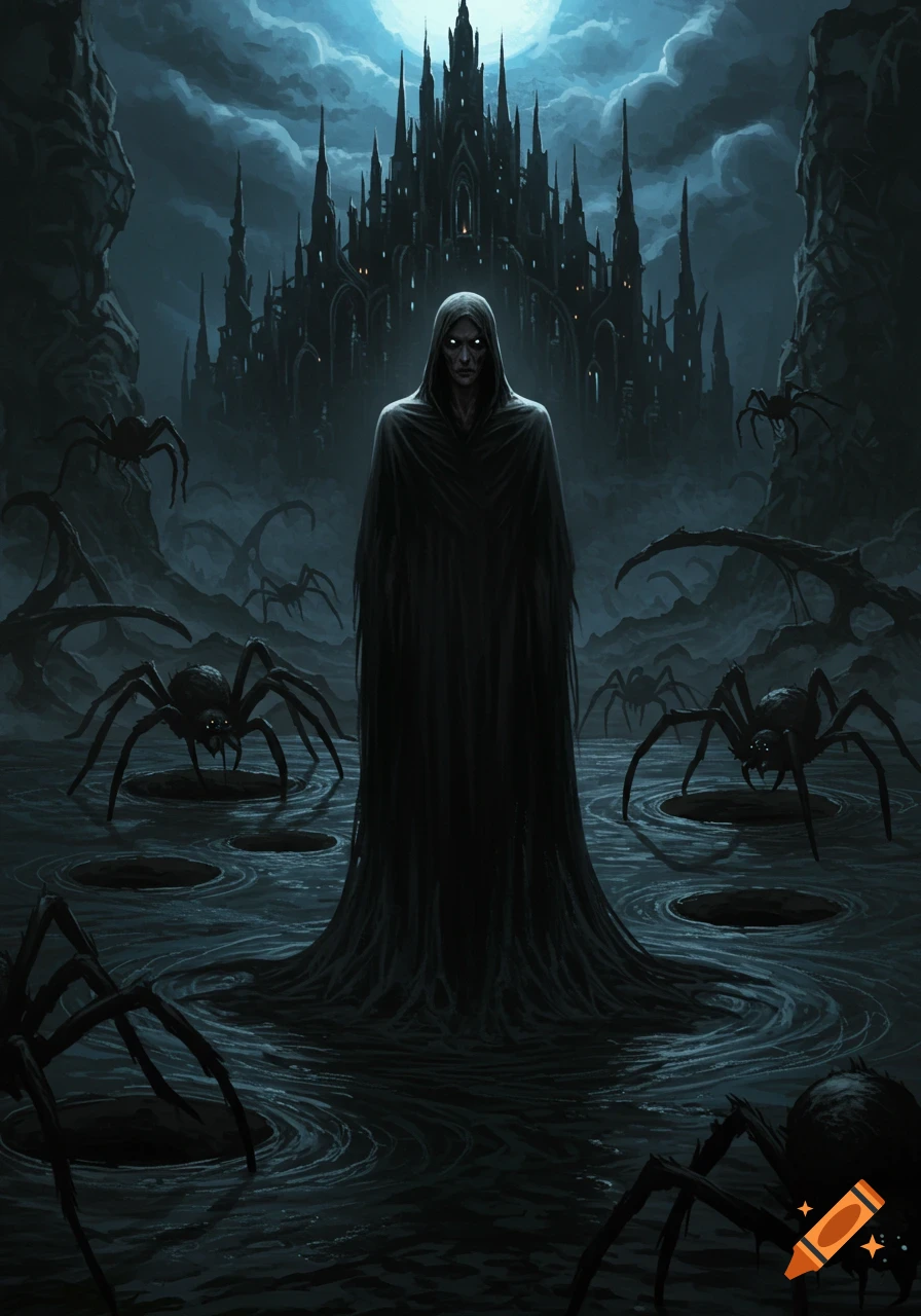 A robed figure with glowing eyes stands in murky water surrounded by giant spiders and a dark, gothic castle under a full moon.