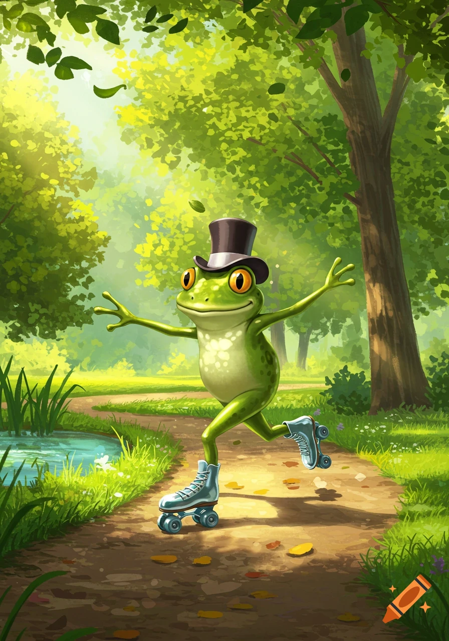 A smiling cartoon frog wearing a top hat and roller skates races down a sunlit path in a vibrant green forest, leaves falling around it.