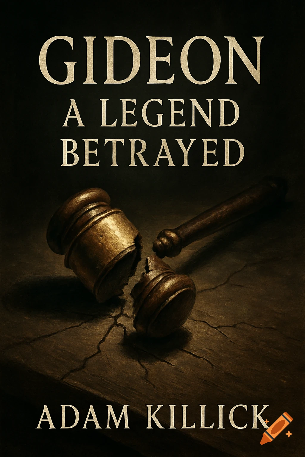 Dark book cover with a broken judge's gavel on a cracked wooden table, reading "GIDEON A LEGEND BETRAYED ADAM KILLICK".