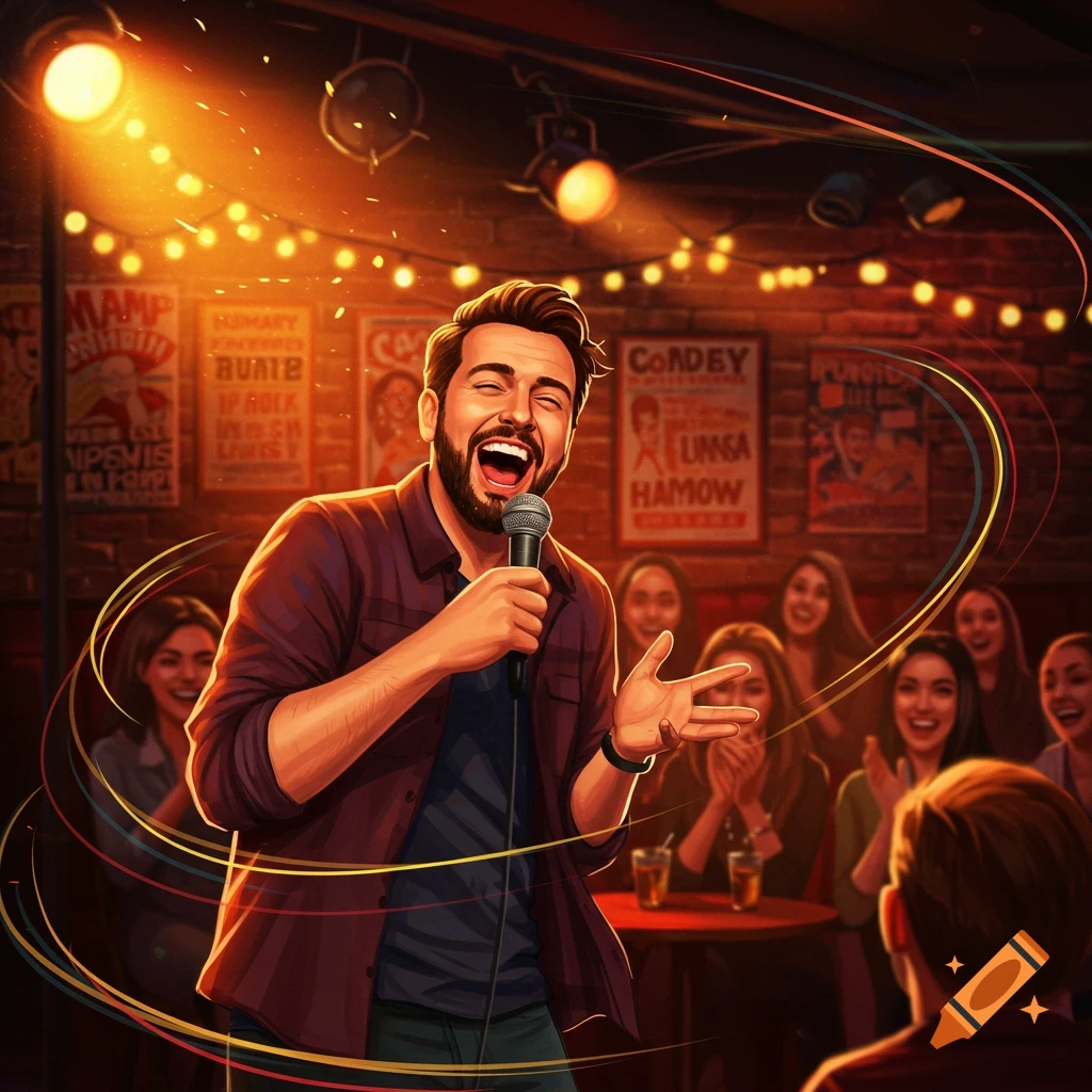 A man performs stand-up comedy, laughing with a microphone, in front of a joyful audience in a vibrant club, in an illustrative style.