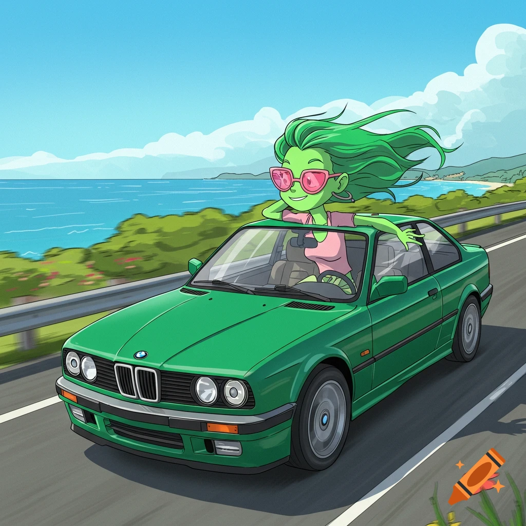 A cartoon green girl with pink sunglasses in a green BMW convertible drives along a coastal road.