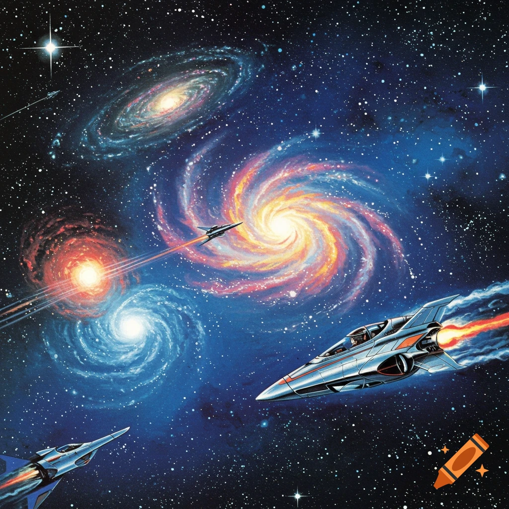1970s metal-style album cover with colorful galaxies and stars, featuring spaceships racing through deep blue space.