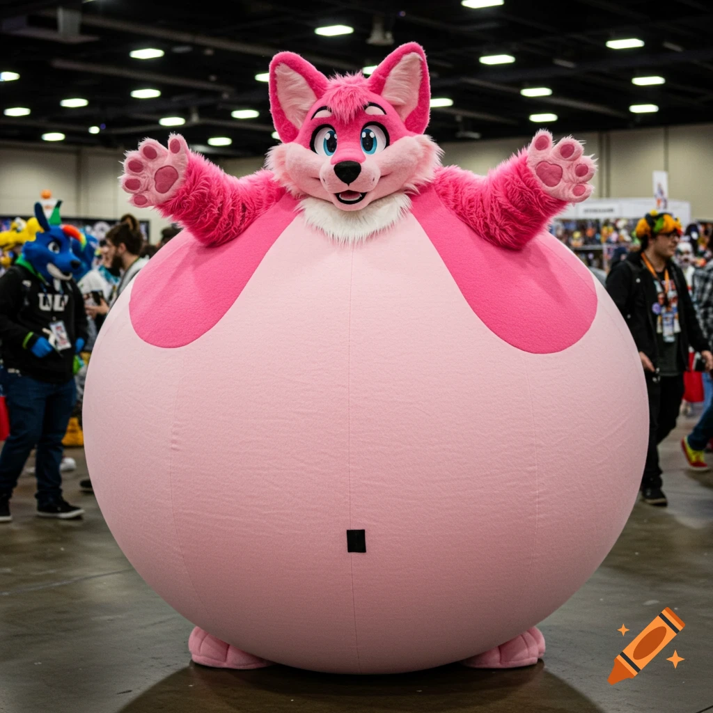 A person in a large, inflated pink fox fursuit with blue eyes stands at a furry convention.