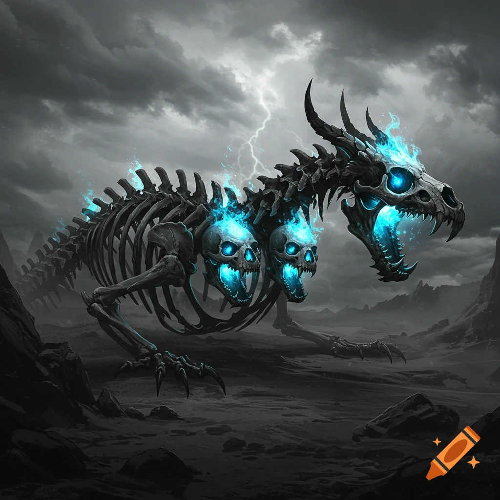 A three-headed skeletal dragon with glowing blue eyes and fire on its spine in a desolate, stormy landscape with lightning.