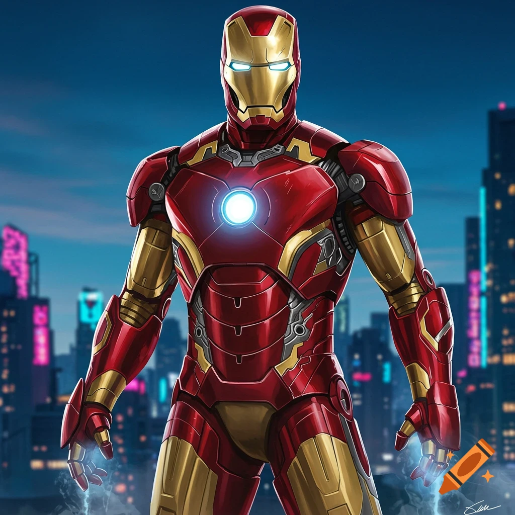 Iron Man stands in his red and gold suit with a glowing arc reactor and eyes, against a futuristic city skyline at night.