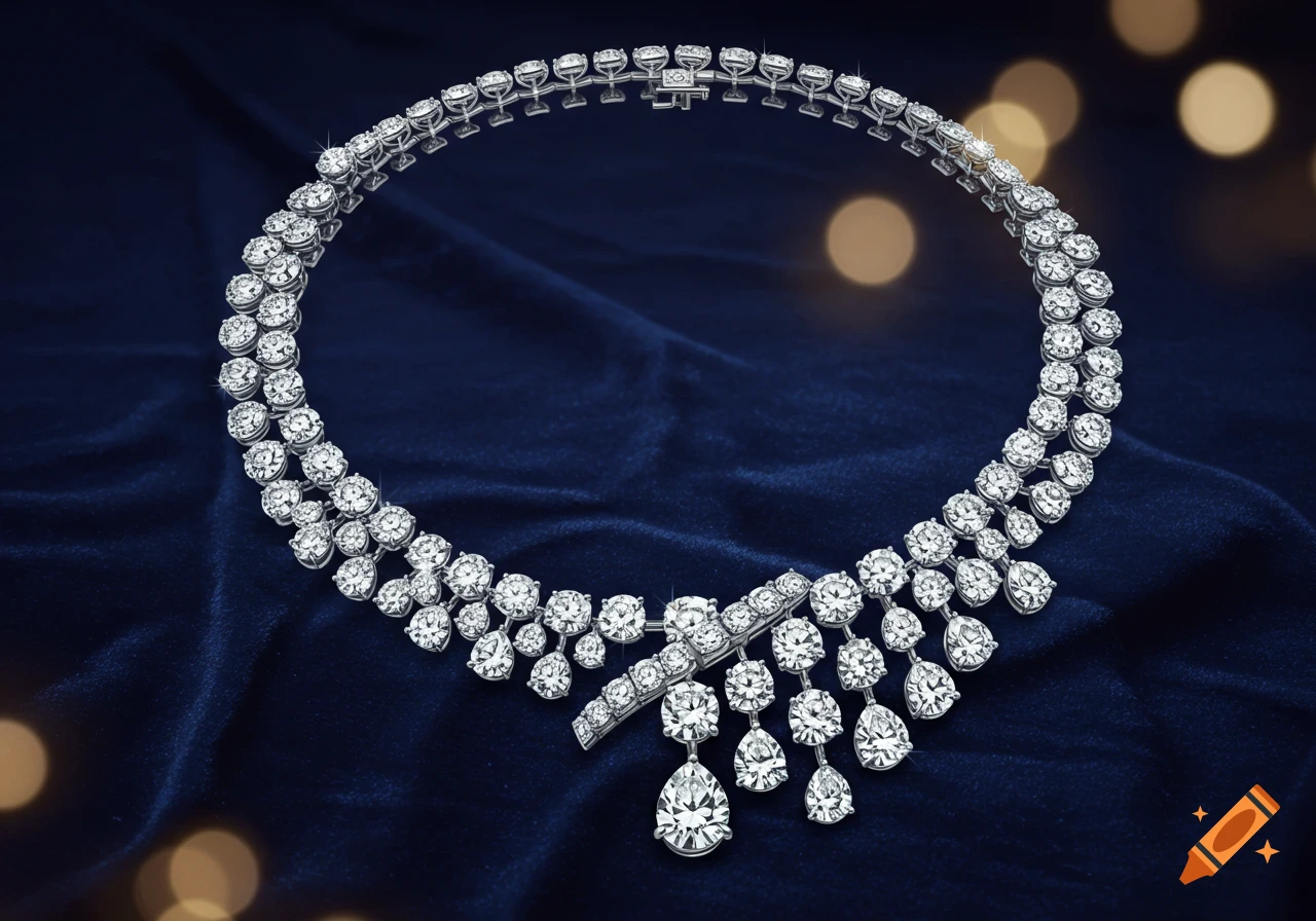 A sparkling diamond necklace with intricate settings lies on a dark blue velvet surface with bokeh lights.