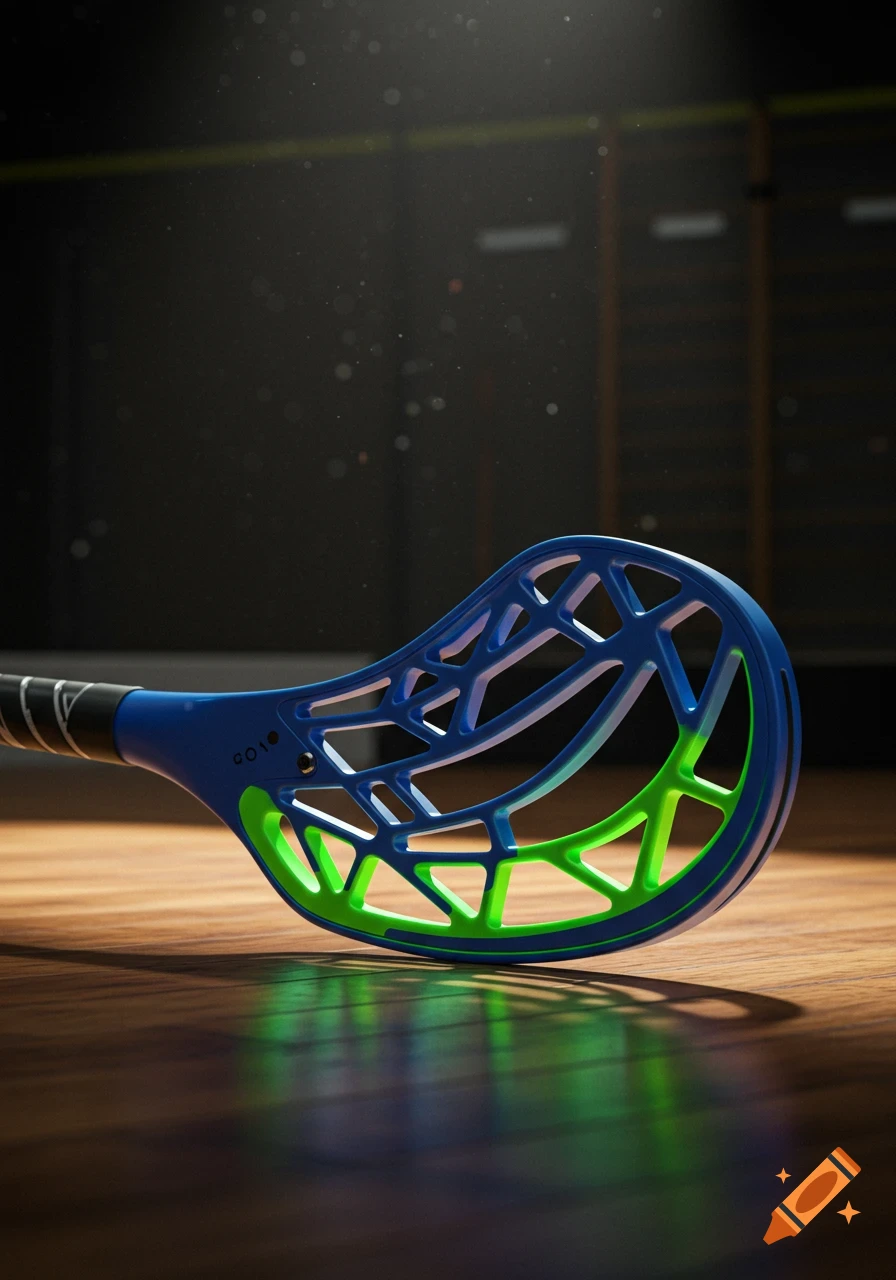 A blue and green floorball blade with a black handle rests on a wooden floor in a dimly lit sports hall.