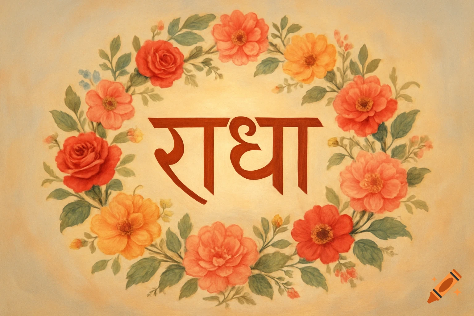 Hindi text 'राधा' (Radha) in a red stylized font, surrounded by a vibrant watercolor wreath of red, orange, and yellow flowers with green leaves.