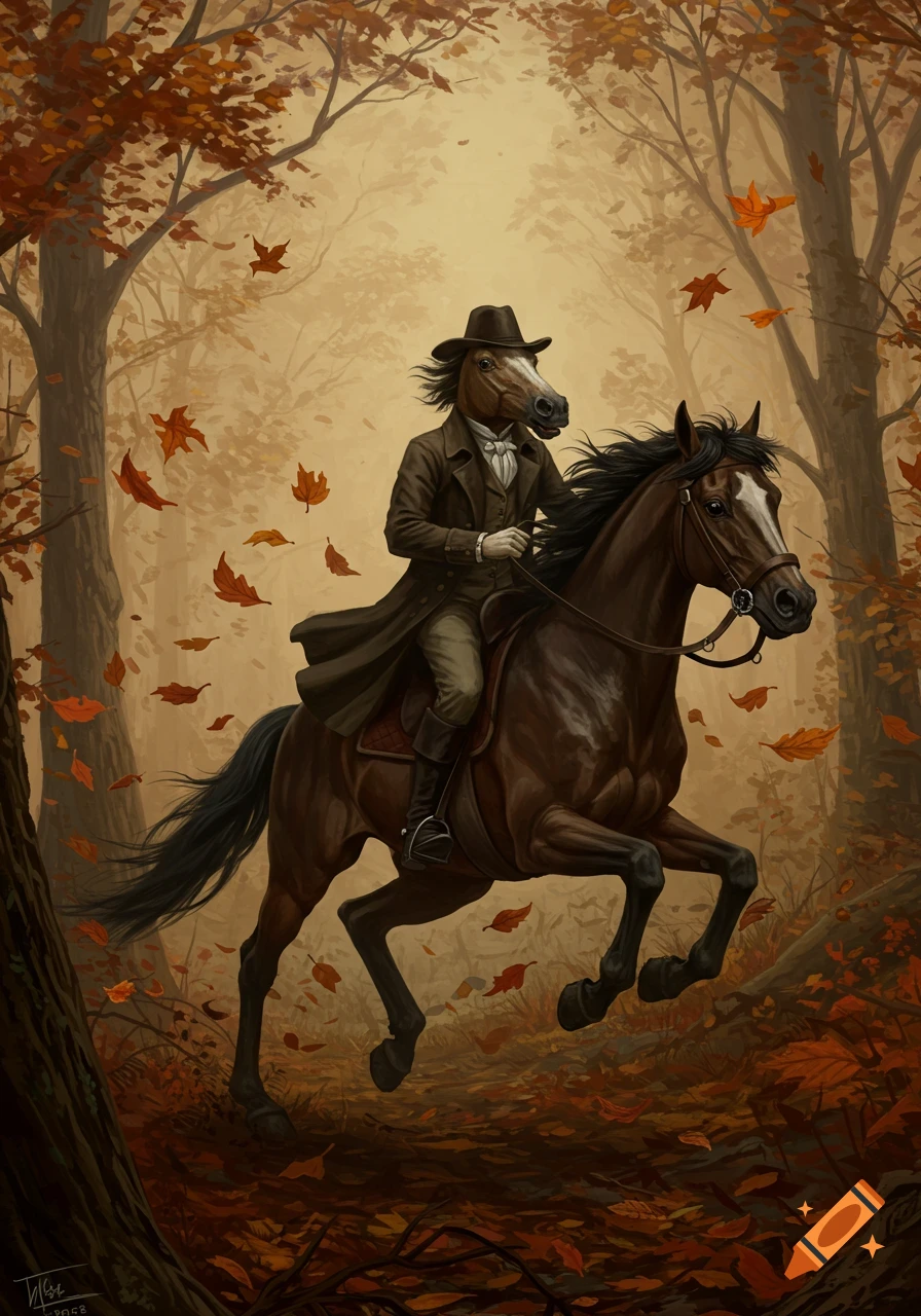 A horse-headed man in a long coat and hat rides a brown horse through an autumn forest with falling orange leaves. The style is reminiscent of Sleepy Hollow.