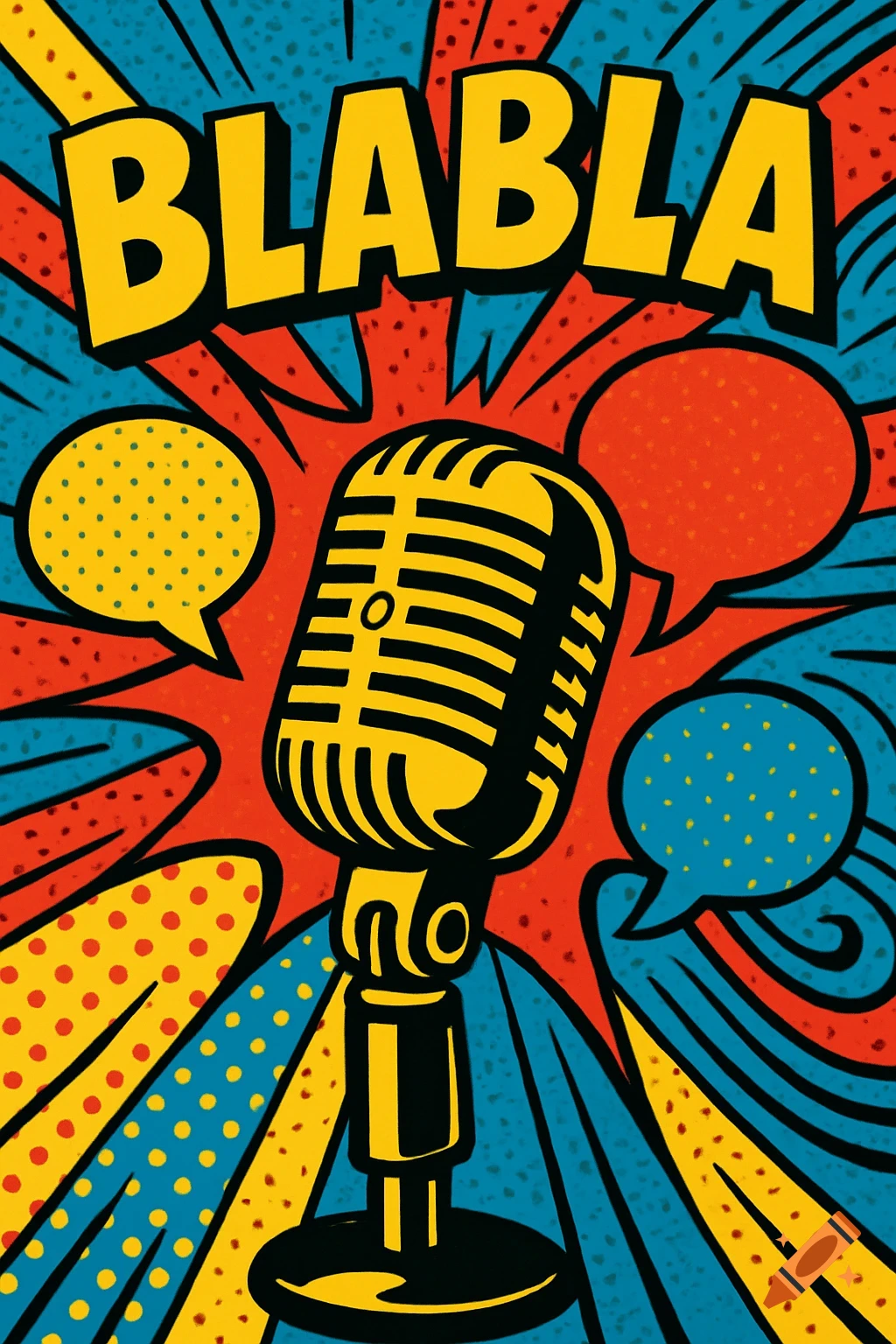 Pop art illustration featuring a vintage microphone, 'BLABLA' text, and speech bubbles with a red, yellow, and blue background.