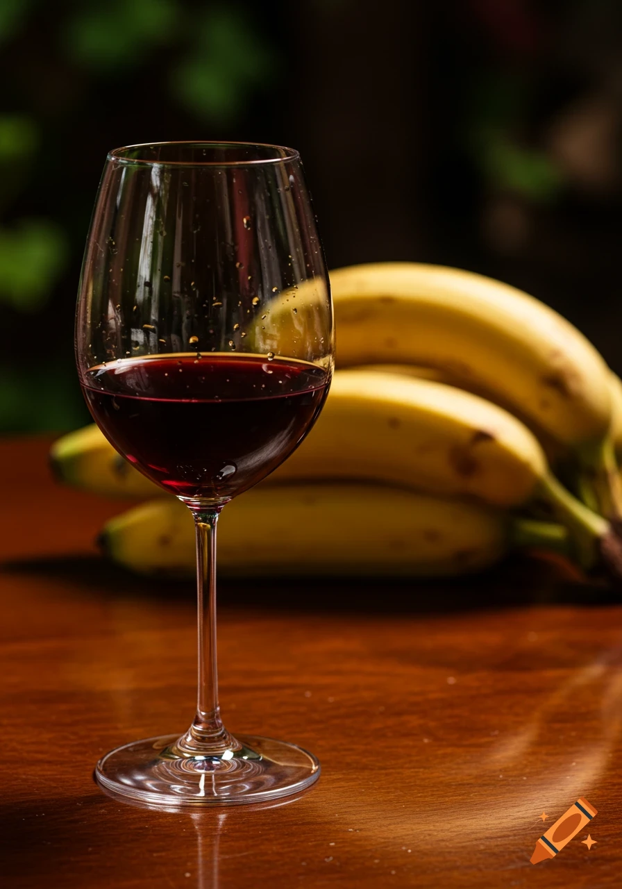 A close-up, photorealistic still life of a red wine glass on a wooden table, with bananas in the soft-focus background.