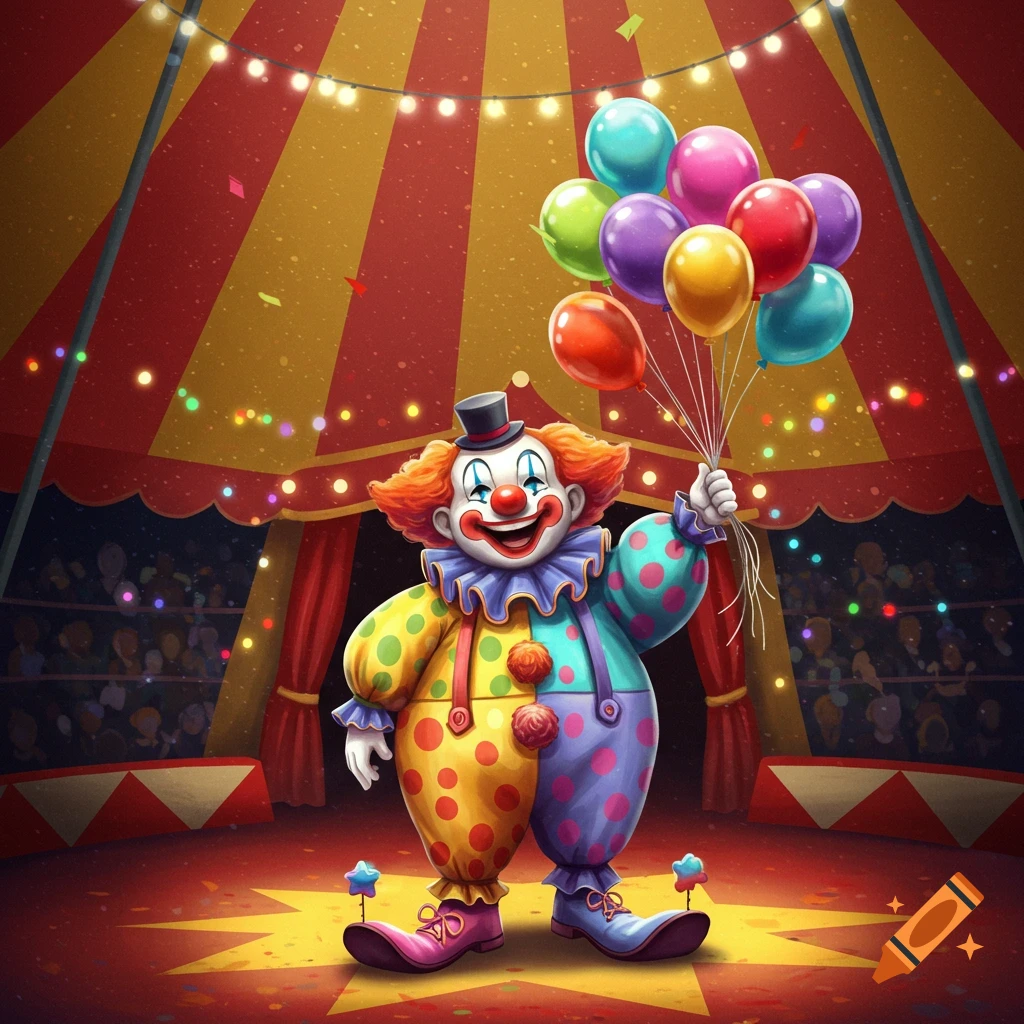 A happy clown in a colorful polka-dot suit, top hat, and ruff, holds a bunch of balloons in a brightly lit circus tent.