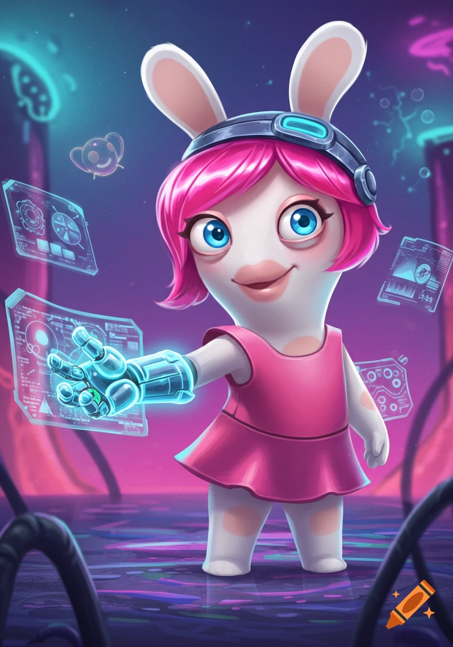 Robo Rabbit Girl A Rabbid girl with pink hair, a headset, and a pink dress displays a ...