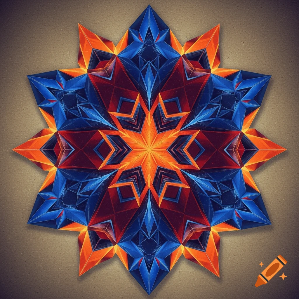 An intricate, star-shaped geometric pattern with sharp facets in blue, red, and orange, set against a textured beige background.