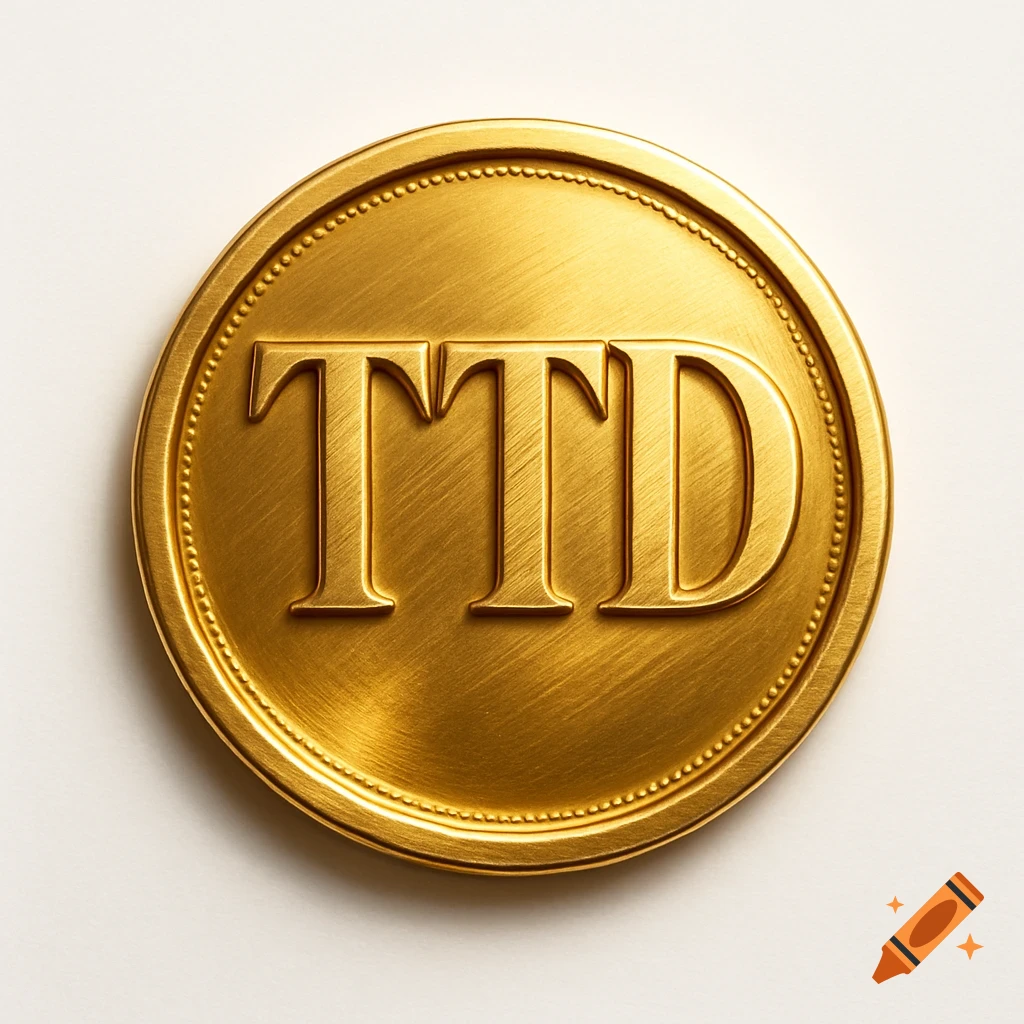 A shiny gold coin with the letters "TTD" embossed on its surface, set against a white background.
