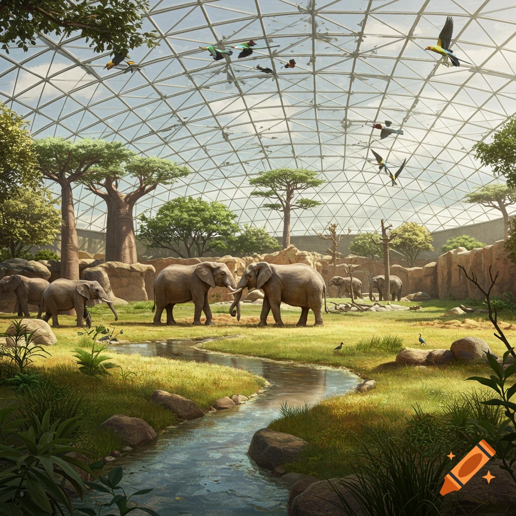 Photorealistic image of elephants and birds in a modern, domed zoo enclosure with a stream, trees, and rocky terrain.