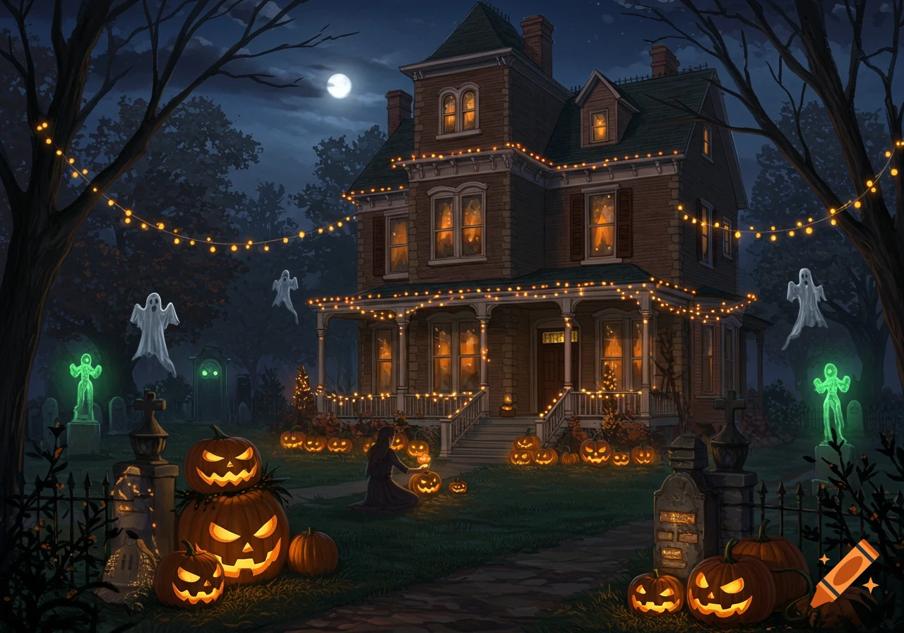 An illuminated haunted manor at night, adorned with string lights, glowing jack-o'-lanterns, and floating ghosts in a graveyard.